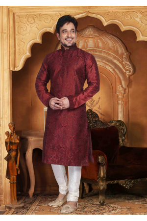 Brown with White Color Silk Kurta Set